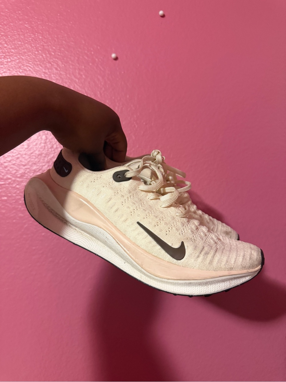 Nike Women's Running Sneakers - Cream/Pale Pink with Black Swoosh